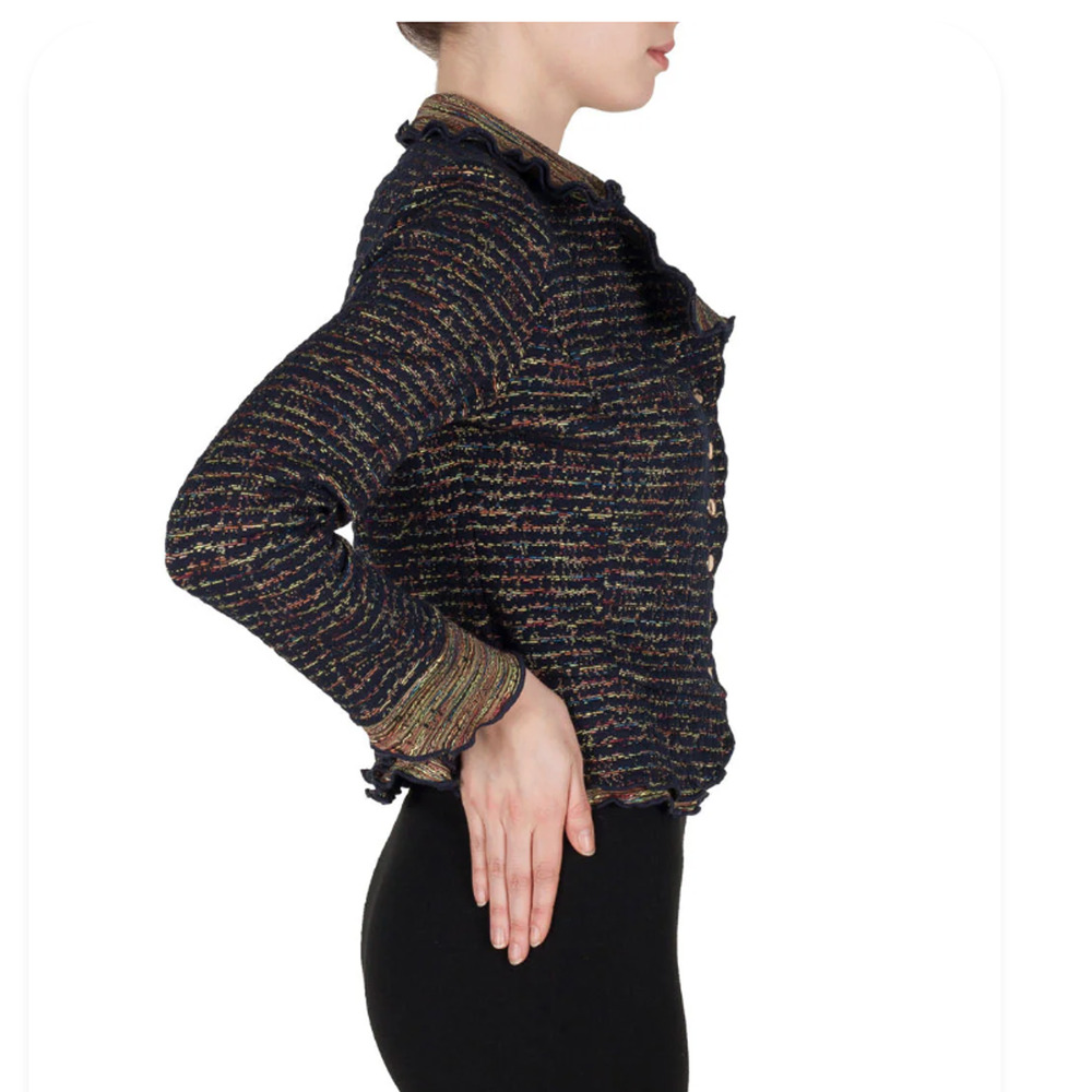Joseph Ribkoff Ruffled Collar Cropped Jacket Navy Multi Size 6 - Picture 2 of 10